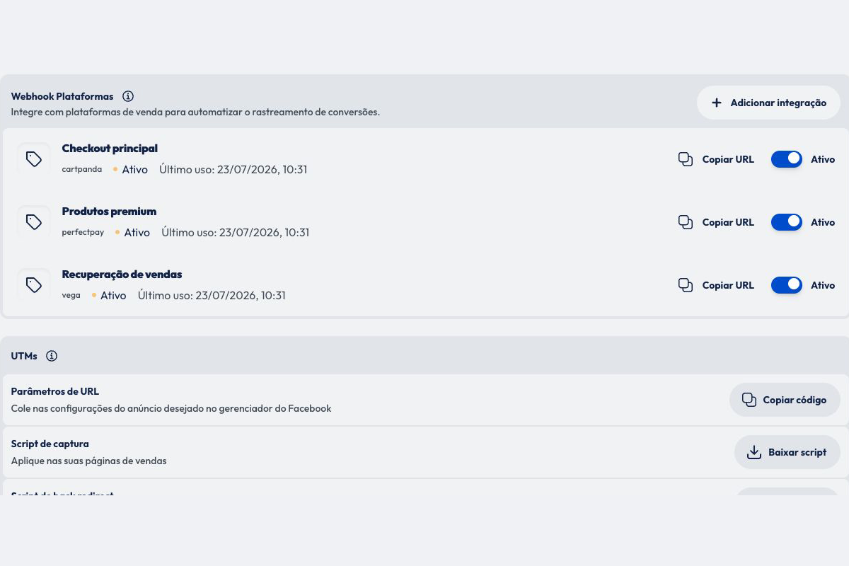 Integrações, webhooks e parâmetros da operação centralizados na Skalame